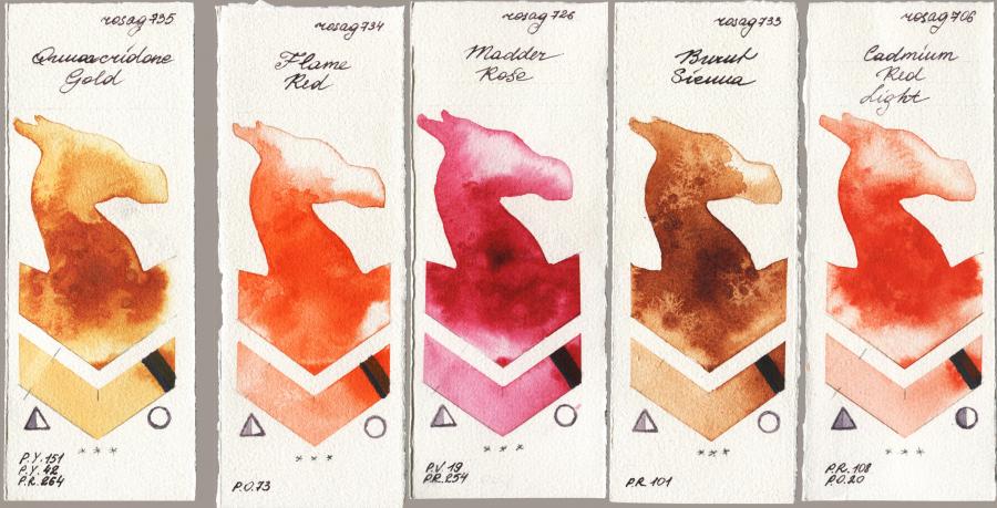 Rosa Gallery 735 Quinacridone Gold vs 734 Flame Red vs 726 Madder Rose vs 733 Burnt Sienna vs 706 Cadmium Red Light watercolor swatch