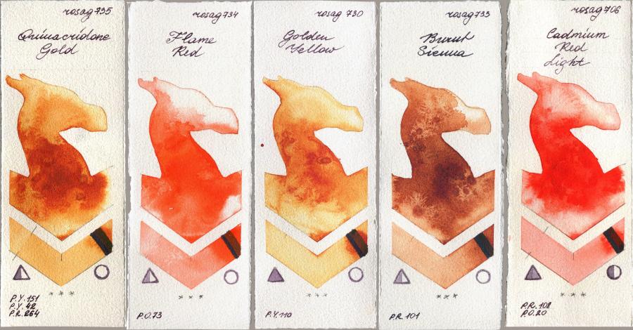 Rosa Gallery 735 Quinacridone Gold vs 734 Flame Red vs 730 Golden Yellow vs 733 Burnt Sienna vs 706 Cadmium Red Light watercolor swatch