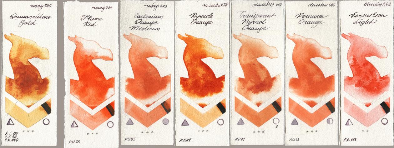 Rosa Gallery 735 Quinacridone Gold, 734 Flame Red, 773 Cadmium Orange Medium, Royal Talens Rembrandt Watercolour 278 Pyrrole Orange, Daniel Smith 187 Transparent Pyrrol Orange, 066 Perinone Orange, Shminke Horadam Aquarell 342 Vermilion Lig watercolor swatch