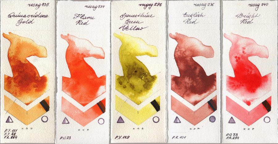 Rosa Gallery 735 Quinacridone Gold vs 734 Flame Red vs Royal Talens Van Gogh Watercolour 296 Azomethine Green Yellow vs 736 English Red vs 740 Bright Red watercolor swatch