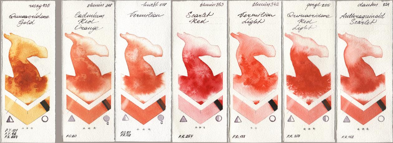 Rosa Gallery 735 Quinacridone Gold, Shminke Horadam Aquarell 348 Cadmium Red Orange, Holbein Artists Watercolor 018 Vermilion, 363 Scarlet Red, 342 Vermilion Light, Golden QOR 205 Quinacridone Red Light, Daniel Smith 224 Anthraquinoid Scarl watercolor swatch