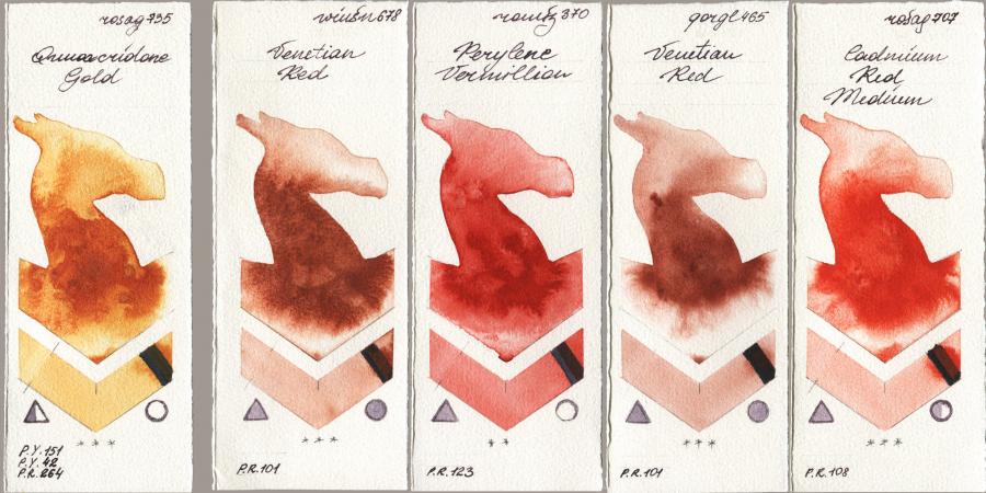 Rosa Gallery 735 Quinacridone Gold vs Winsor & Newton Professional 678 Venetian Red vs Roman Szmal Aquarius 370 Perylene Vermillion vs Golden QOR 465 Venetian Red vs 707 Cadmium Red Medium watercolor swatch
