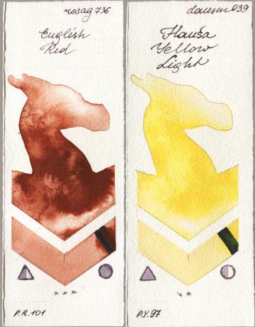 Rosa Gallery 736 English Red vs Daniel Smith 039 Hansa Yellow Light watercolor swatch