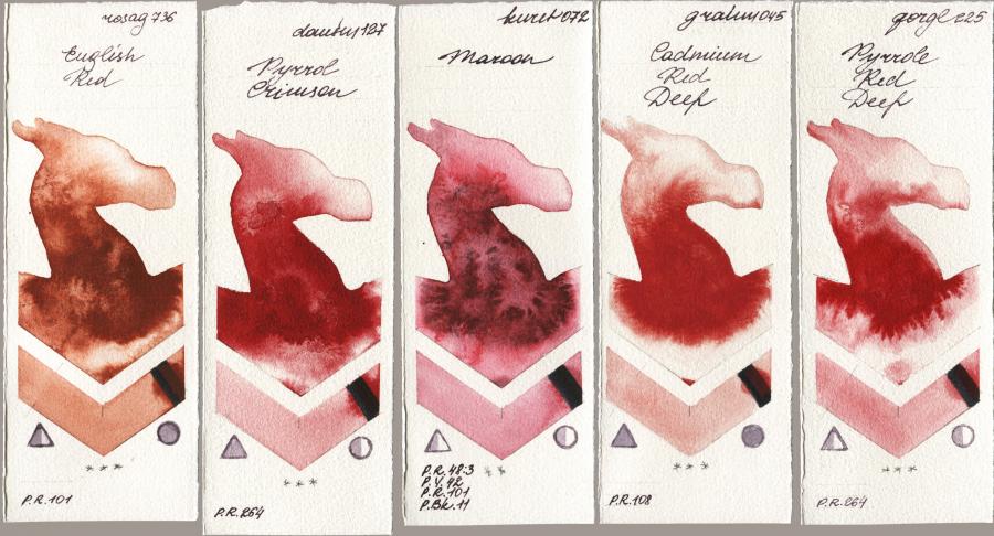 Rosa Gallery 736 English Red vs Daniel Smith 127 Pyrrol Crimson vs Kuretake Gansai Tambi 072 Maroon vs M. Graham & Co. Artists 045 Cadmium Red Deep vs Golden QOR 225 Pyrrole Red Deep watercolor swatch