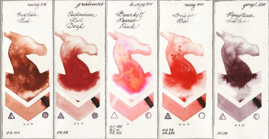 Rosa Gallery 736 English Red vs M. Graham & Co. Artists 045 Cadmium Red Deep vs Holbein Artists Watercolor 501 Bourkes Parrot Pink vs 740 Bright Red vs Golden QOR 635 Perylene Violet watercolor swatch