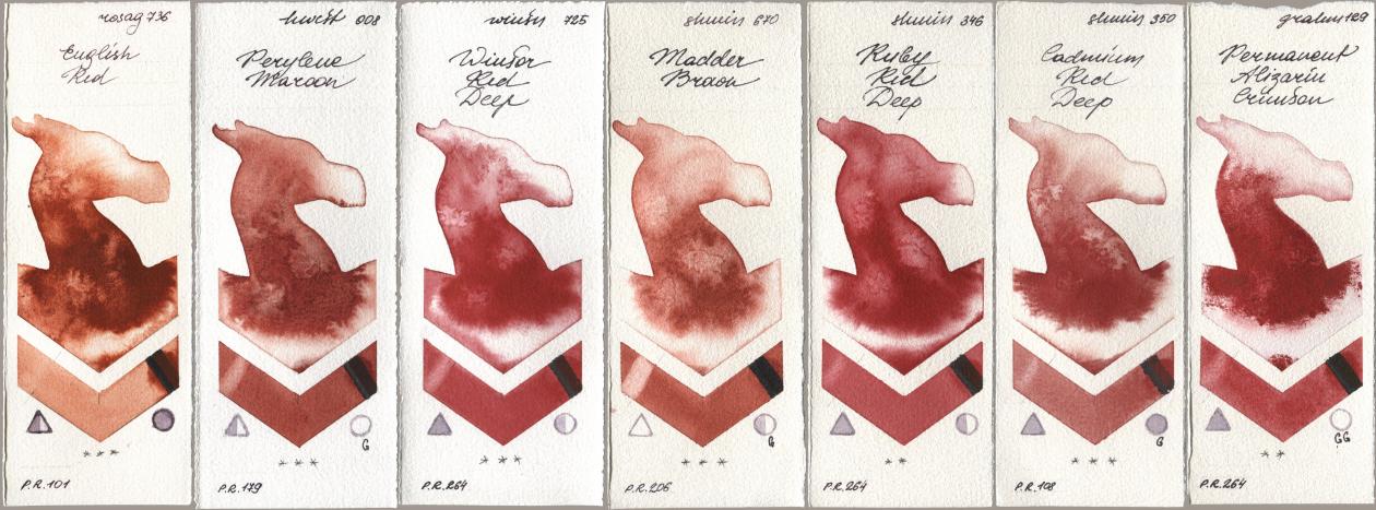 Rosa Gallery 736 English Red, Holbein Artists Watercolor 008 Perylene Maroon, Winsor & Newton Professional 725 Winsor Red Deep, Shminke Horadam Aquarell 670 Madder Brown, 346 Ruby Red Deep, 350 Cadmium Red Deep, M. Graham & Co. Artists 129 Permanent Alizarin Crims watercolor swatch