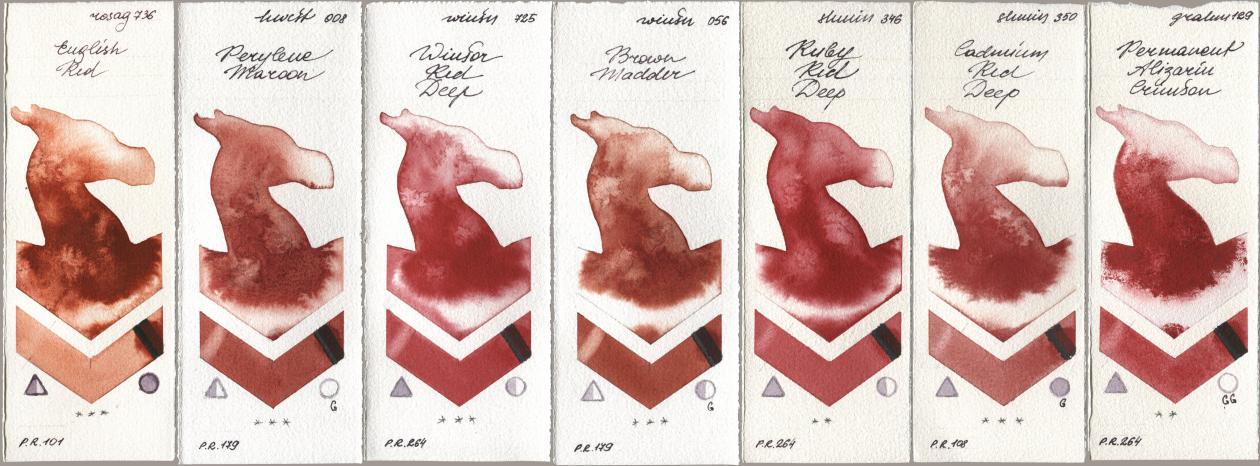 Rosa Gallery 736 English Red, Holbein Artists Watercolor 008 Perylene Maroon, Winsor & Newton Professional 725 Winsor Red Deep, 056 Brown Madder, Shminke Horadam Aquarell 346 Ruby Red Deep, 350 Cadmium Red Deep, M. Graham & Co. Artists 129 Permanent Alizarin Crims watercolor swatch