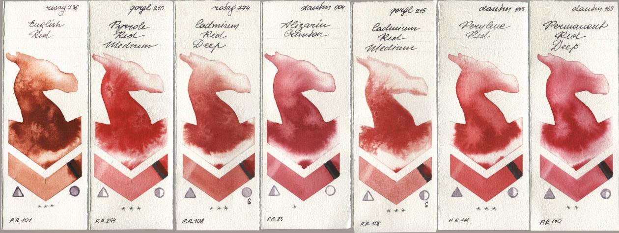 Rosa Gallery 736 English Red, Golden QOR 210 Pyrrole Red Medium, 774 Cadmium Red Deep, Daniel Smith 004 Alizarin Crimson, 215 Cadmium Red Medium, 075 Perylene Red, 069 Permanent Red De watercolor swatch