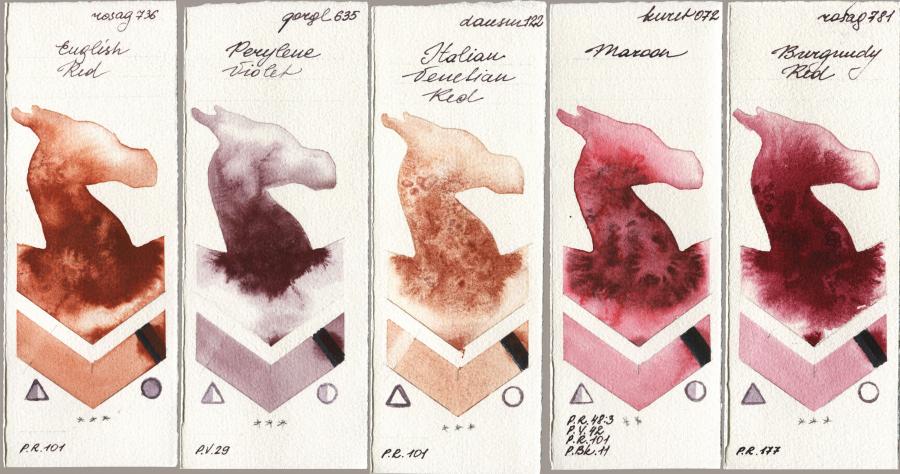 Rosa Gallery 736 English Red vs Golden QOR 635 Perylene Violet vs Daniel Smith 122 Italian Venetian Red vs Kuretake Gansai Tambi 072 Maroon vs 781 Burgundy Red watercolor swatch