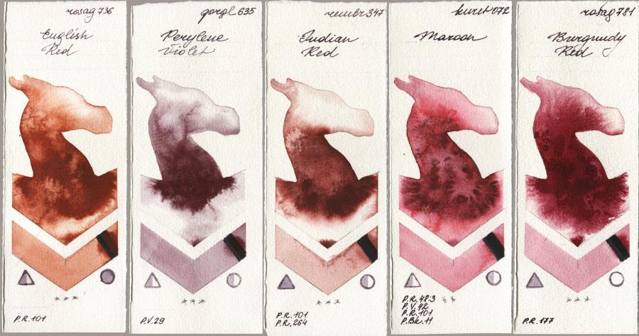 Rosa Gallery 736 English Red vs Golden QOR 635 Perylene Violet vs Royal Talens Rembrandt Watercolour 347 Indian Red vs Kuretake Gansai Tambi 072 Maroon vs 781 Burgundy Red watercolor swatch