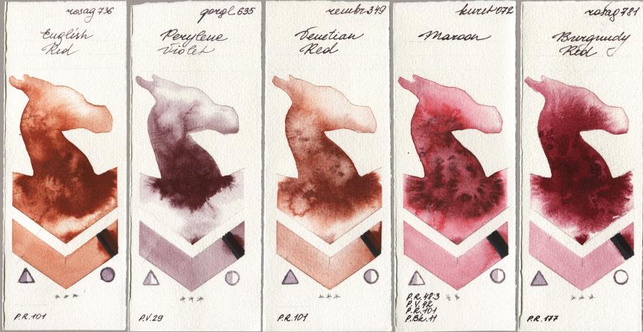 Rosa Gallery 736 English Red vs Golden QOR 635 Perylene Violet vs Royal Talens Rembrandt Watercolour 349 Venerian Red vs Kuretake Gansai Tambi 072 Maroon vs 781 Burgundy Red watercolor swatch