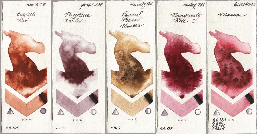 Rosa Gallery 736 English Red vs Golden QOR 635 Perylene Violet vs Roman Szmal Aquarius 128 Cyprus Burnt Umber vs 781 Burgundy Red vs Kuretake Gansai Tambi 072 Maroon watercolor swatch
