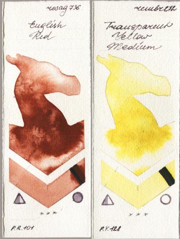 Rosa Gallery 736 English Red vs Royal Talens Rembrandt Watercolour 272 Transparent Yellow Medium watercolor swatch