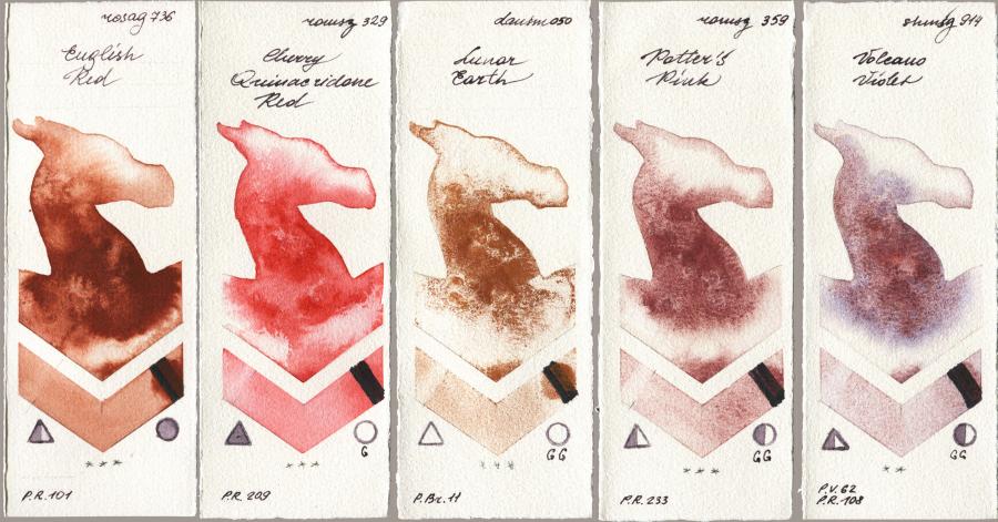 Rosa Gallery 736 English Red vs Roman Szmal Aquarius 329 Cherry Quinacridone Red vs Daniel Smith 050 Lunar Earth vs 359 Potters Pink vs Shminke Horadam Aquarell 914 Volcano Violet watercolor swatch