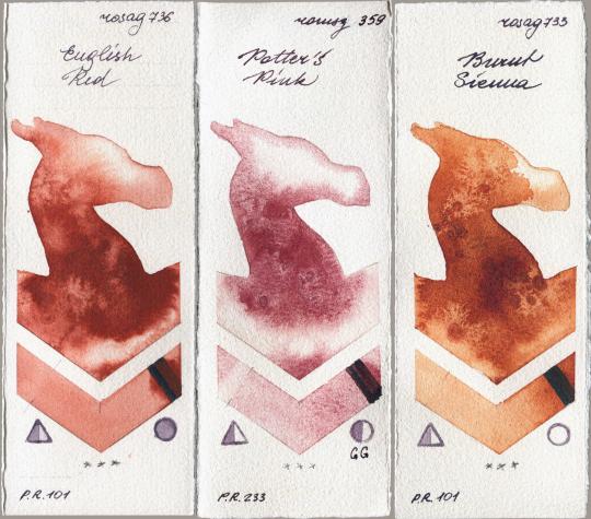 Rosa Gallery 736 English Red vs Roman Szmal Aquarius 359 Potters Pink vs 733 Burnt Sienna watercolor swatch