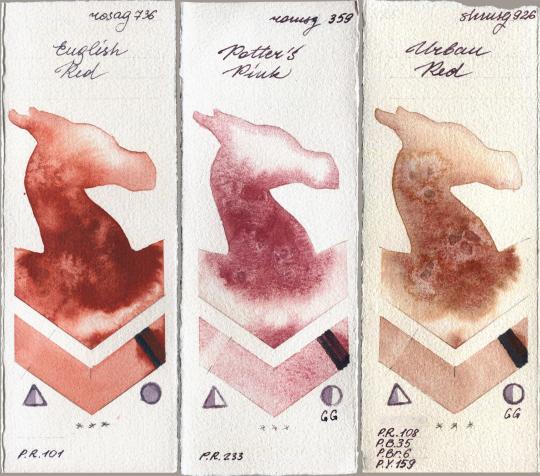 Rosa Gallery 736 English Red vs Roman Szmal Aquarius 359 Potters Pink vs Shminke Horadam Aquarell 926 Urban Red watercolor swatch