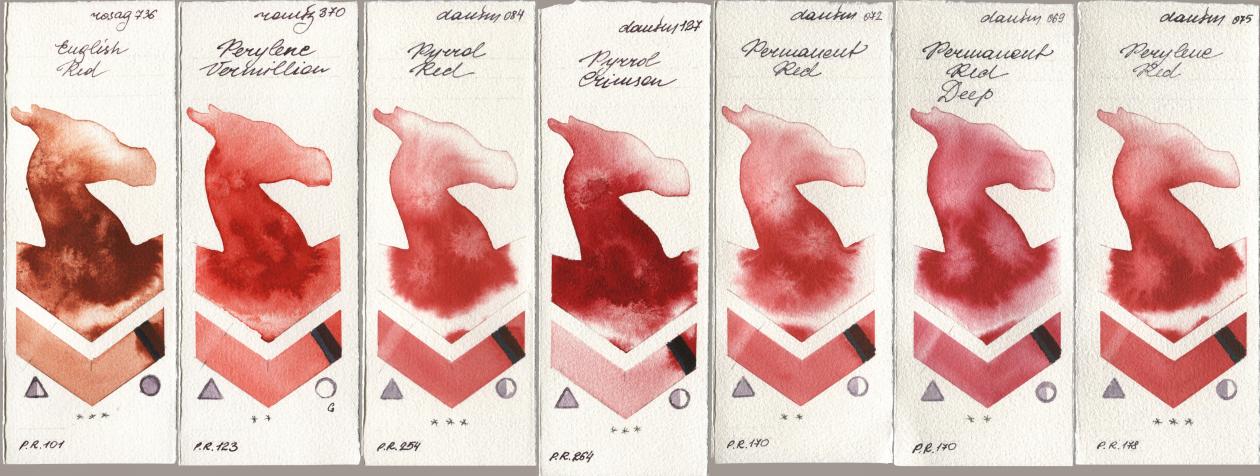 Rosa Gallery 736 English Red, Roman Szmal Aquarius 370 Perylene Vermillion, Daniel Smith 084 Pyrrol Red, 127 Pyrrol Crimson, 072 Permanent Red, 069 Permanent Red Deep, 075 Perylene R watercolor swatch