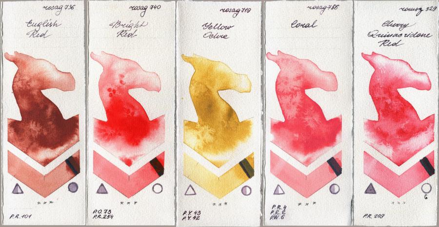 Rosa Gallery 736 English Red vs 740 Bright Red vs 719 Yellow Ochre vs 756 Coral vs Roman Szmal Aquarius 329 Cherry Quinacridone Red watercolor swatch