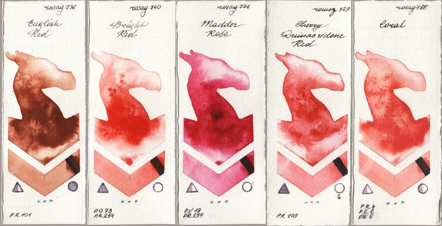 Rosa Gallery 736 English Red vs 740 Bright Red vs 726 Madder Rose vs Roman Szmal Aquarius 329 Cherry Quinacridone Red vs 756 Coral watercolor swatch