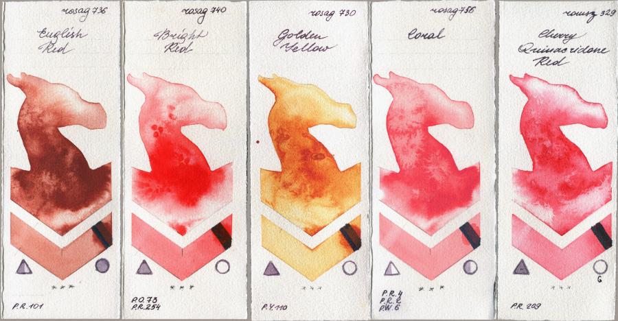 Rosa Gallery 736 English Red vs 740 Bright Red vs 730 Golden Yellow vs 756 Coral vs Roman Szmal Aquarius 329 Cherry Quinacridone Red watercolor swatch