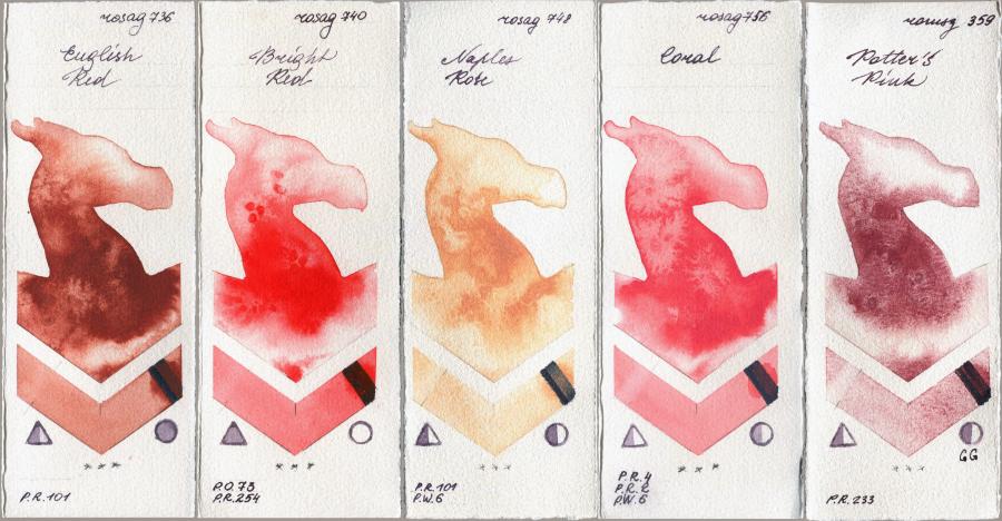 Rosa Gallery 736 English Red vs 740 Bright Red vs 748 Naples Rose vs 756 Coral vs Roman Szmal Aquarius 359 Potters Pink watercolor swatch