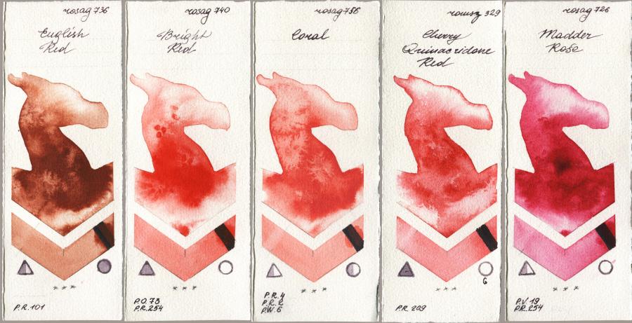 Rosa Gallery 736 English Red vs 740 Bright Red vs 756 Coral vs Roman Szmal Aquarius 329 Cherry Quinacridone Red vs 726 Madder Rose watercolor swatch