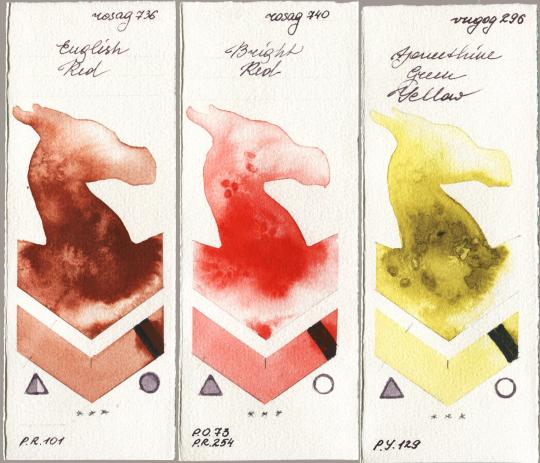 Rosa Gallery 736 English Red vs 740 Bright Red vs Royal Talens Van Gogh Watercolour 296 Azomethine Green Yellow watercolor swatch