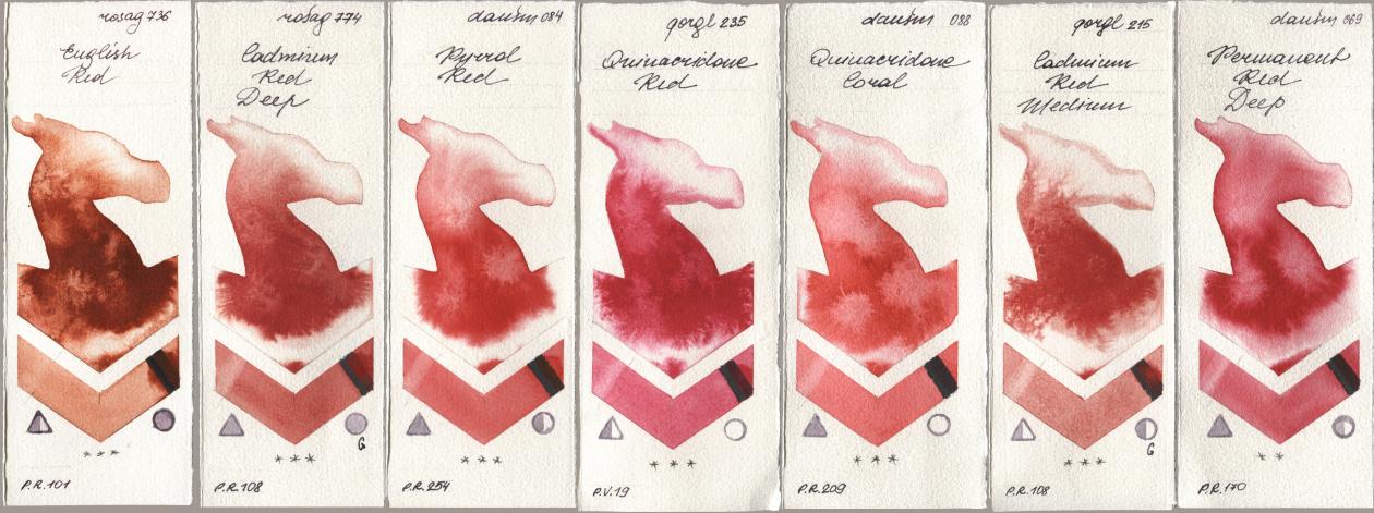 Rosa Gallery 736 English Red, 774 Cadmium Red Deep, Daniel Smith 084 Pyrrol Red, Golden QOR 235 Quinacridone Red, 088 Quinacridone Coral, 215 Cadmium Red Medium, 069 Permanent Red De watercolor swatch