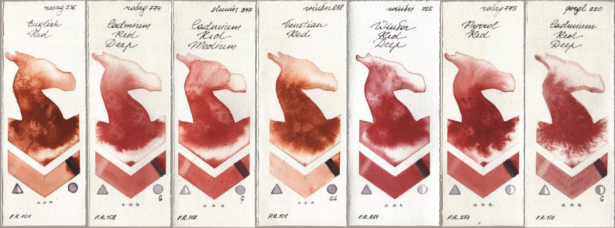 Rosa Gallery 736 English Red, 774 Cadmium Red Deep, Shminke Horadam Aquarell 347 Cadmium Red Medium, Winsor & Newton Professional 678 Venetian Red, 725 Winsor Red Deep, 775 Pyrrole Red, Golden QOR 220 Cadmium Red De watercolor swatch