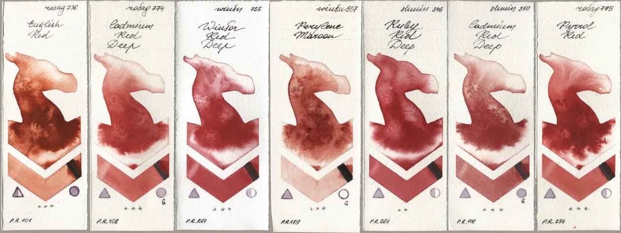 Rosa Gallery 736 English Red, 774 Cadmium Red Deep, Winsor & Newton Professional 725 Winsor Red Deep, 507 Perylene Maroon, Shminke Horadam Aquarell 346 Ruby Red Deep, 350 Cadmium Red Deep, 775 Pyrrole R watercolor swatch