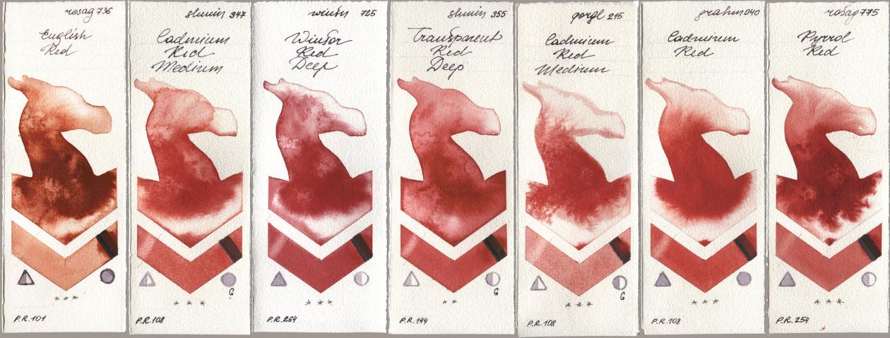 Rosa Gallery 736 English Red, Shminke Horadam Aquarell 347 Cadmium Red Medium, Winsor & Newton Professional 725 Winsor Red Deep, 355 Transparent Red Deep, Golden QOR 215 Cadmium Red Medium, M. Graham & Co. Artists 040 Cadmium Red, 775 Pyrrole R watercolor swatch