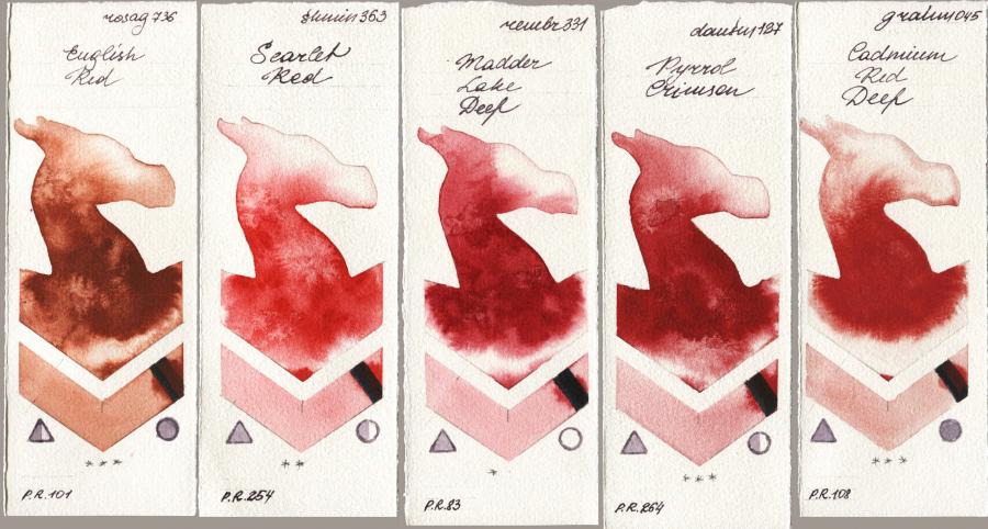 Rosa Gallery 736 English Red vs Shminke Horadam Aquarell 363 Scarlet Red vs Royal Talens Rembrandt Watercolour 331 Madder Lake Deep vs Daniel Smith 127 Pyrrol Crimson vs M. Graham & Co. Artists 045 Cadmium Red Deep watercolor swatch