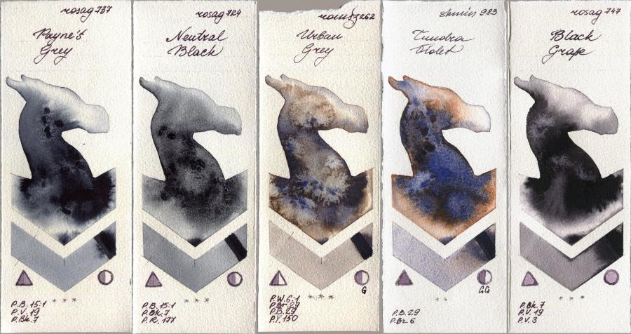 Rosa Gallery 737 Paynes Grey vs 724 Neutral Black vs Roman Szmal Aquarius 262 Urban Grey vs Shminke Horadam Aquarell 983 Tundra Violet vs 747 Black Grape watercolor swatch