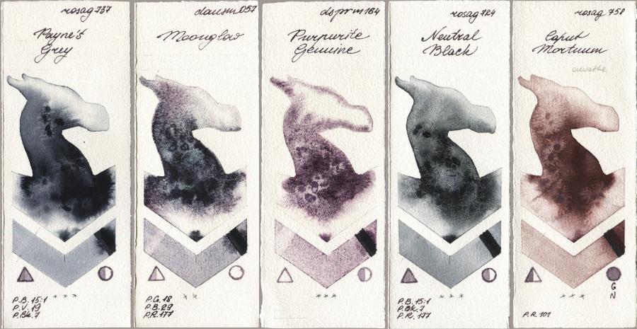 Rosa Gallery 737 Paynes Grey vs Daniel Smith 057 Moonglow vs 164 Purpurite Genuine vs 724 Neutral Black vs 758 Caput Mortuum watercolor swatch