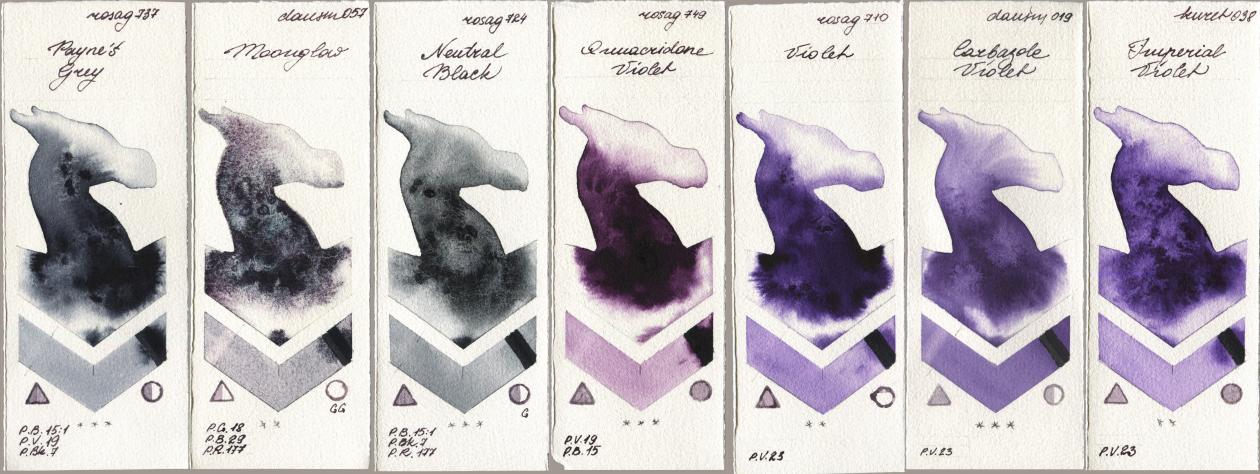 Rosa Gallery 737 Paynes Grey, Daniel Smith 057 Moonglow, 724 Neutral Black, 749 Quinacridone Violet, 710 Violet, 019 Carbazole Violet, Kuretake Gansai Tambi 038 Imperial Viol watercolor swatch