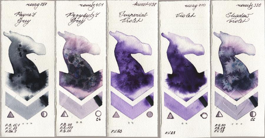 Rosa Gallery 737 Paynes Grey vs Roman Szmal Aquarius 401 Przybyszs Grey vs Kuretake Gansai Tambi 038 Imperial Violet vs 710 Violet vs 336 Shadow Violet watercolor swatch