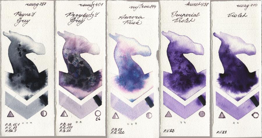 Rosa Gallery 737 Paynes Grey vs Roman Szmal Aquarius 401 Przybyszs Grey vs Mijello Mission Gold 814 Aurora Pink vs Kuretake Gansai Tambi 038 Imperial Violet vs 710 Violet watercolor swatch