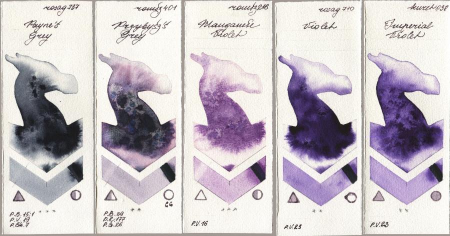 Rosa Gallery 737 Paynes Grey vs Roman Szmal Aquarius 401 Przybyszs Grey vs 216 Manganese Violet vs 710 Violet vs Kuretake Gansai Tambi 038 Imperial Violet watercolor swatch