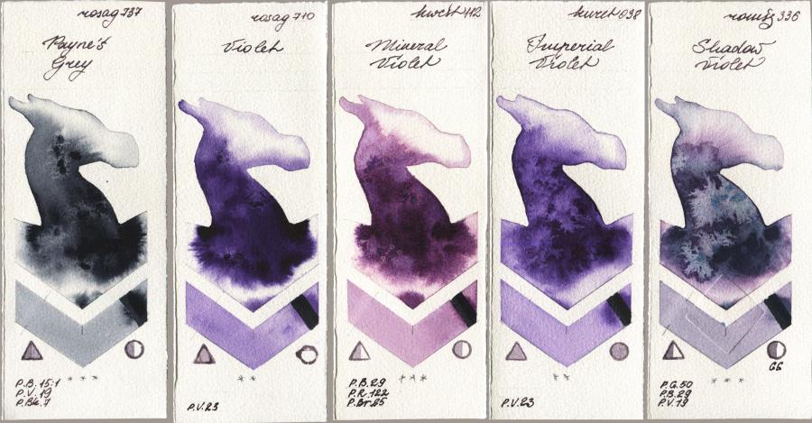 Rosa Gallery 737 Paynes Grey vs 710 Violet vs Holbein Artists Watercolor 112 Mineral Violet vs Kuretake Gansai Tambi 038 Imperial Violet vs Roman Szmal Aquarius 336 Shadow Violet watercolor swatch