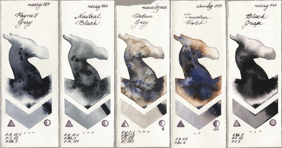 Rosa Gallery 737 Paynes Grey vs 724 Neutral Black vs Roman Szmal Aquarius 262 Urban Grey vs Shminke Horadam Aquarell 983 Tundra Violet vs 747 Black Grape watercolor swatch