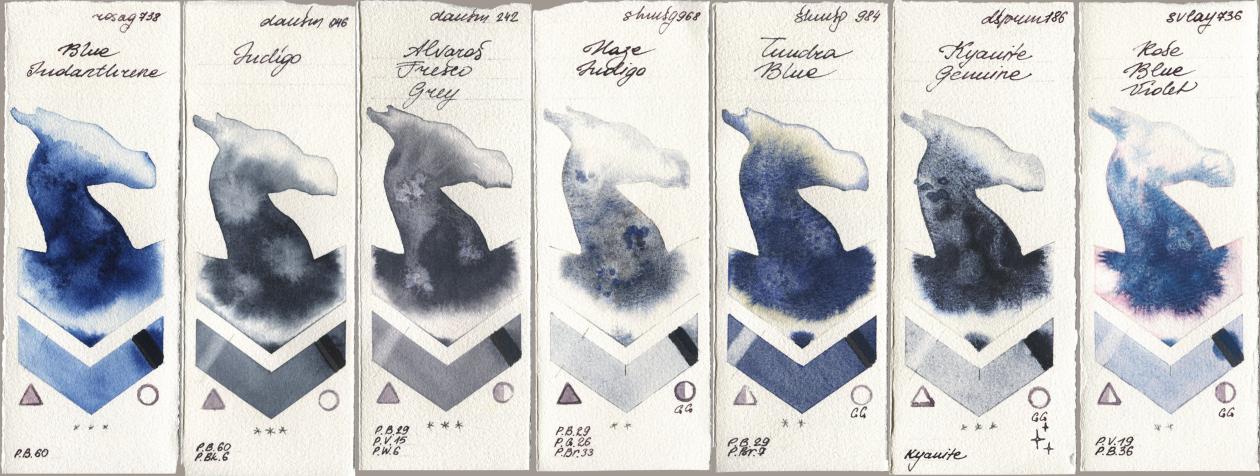 Rosa Gallery 738 Blue Indanthrene, Daniel Smith 046 Indigo, 242 Alvaros Fresco Grey, Shminke Horadam Aquarell 968 Haze Indigo, 984 Tundra Blue, 186 Kyanite Genuine, SuperVision 736 Rose Blue Viol watercolor swatch