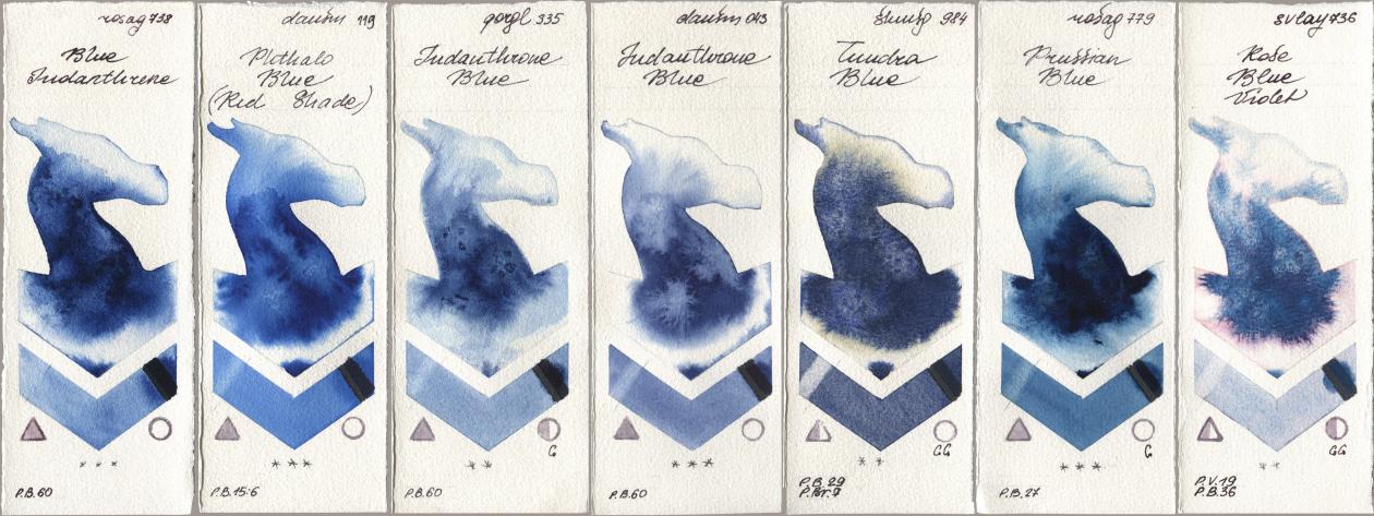 Rosa Gallery 738 Blue Indanthrene, Daniel Smith 119 Phthalo Blue (Red Shade), Golden QOR 335 Indanthrone Blue, 043 Indanthrone Blue, Shminke Horadam Aquarell 984 Tundra Blue, 779 Prussian Blue, SuperVision 736 Rose Blue Viol watercolor swatch