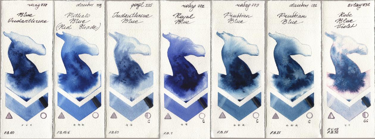 Rosa Gallery 738 Blue Indanthrene, Daniel Smith 119 Phthalo Blue (Red Shade), Golden QOR 335 Indanthrone Blue, 782 Royal Blue, 779 Prussian Blue, 082 Prussian Blue, SuperVision 736 Rose Blue Viol watercolor swatch