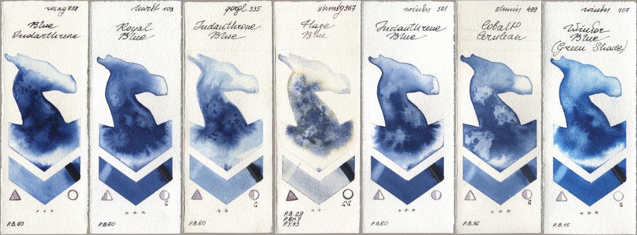 Rosa Gallery 738 Blue Indanthrene, Holbein Artists Watercolor 103 Royal Blue, Golden QOR 335 Indanthrone Blue, Shminke Horadam Aquarell 967 Haze Blue, Winsor & Newton Professional 321 Indanthrene Blue, 499 Cobalt Cerulean, 707 Winsor Blue (Green Shad watercolor swatch