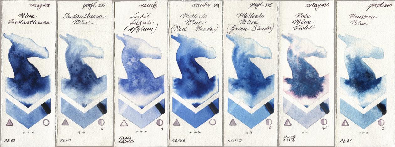 Rosa Gallery 738 Blue Indanthrene, Golden QOR 335 Indanthrone Blue, Roman Szmal Aquarius 999 Lapis Lazuli Afghan, Daniel Smith 119 Phthalo Blue (Red Shade), 345 Phthalo Blue (Green Shade), SuperVision 736 Rose Blue Violet, 340 Prussian Bl watercolor swatch