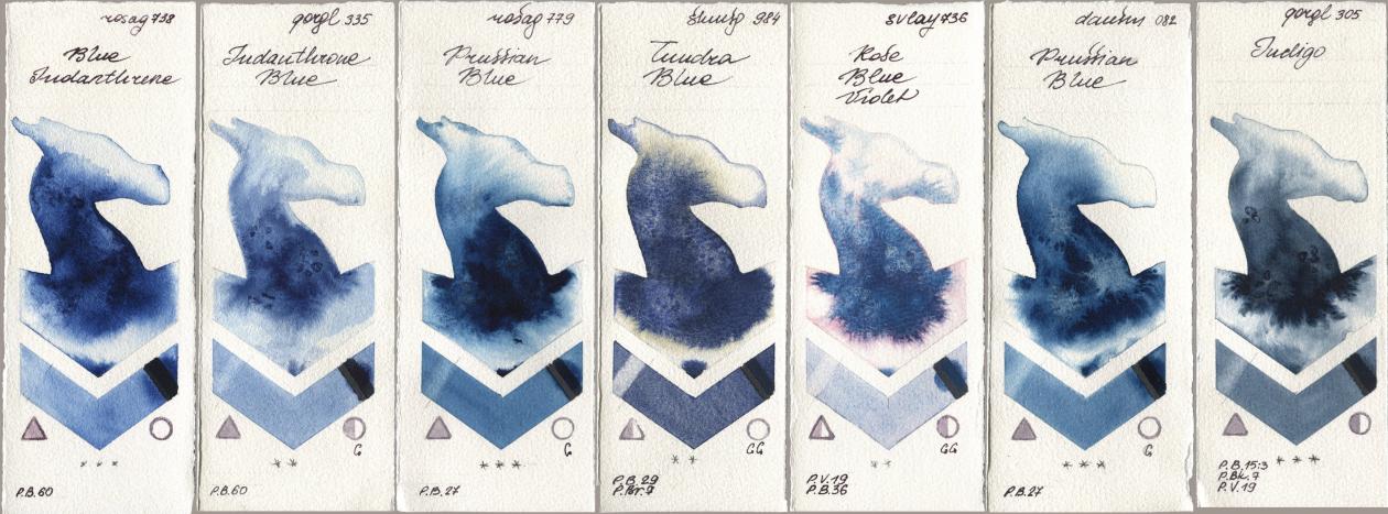 Rosa Gallery 738 Blue Indanthrene, Golden QOR 335 Indanthrone Blue, 779 Prussian Blue, Shminke Horadam Aquarell 984 Tundra Blue, SuperVision 736 Rose Blue Violet, Daniel Smith 082 Prussian Blue, 305 Indi watercolor swatch