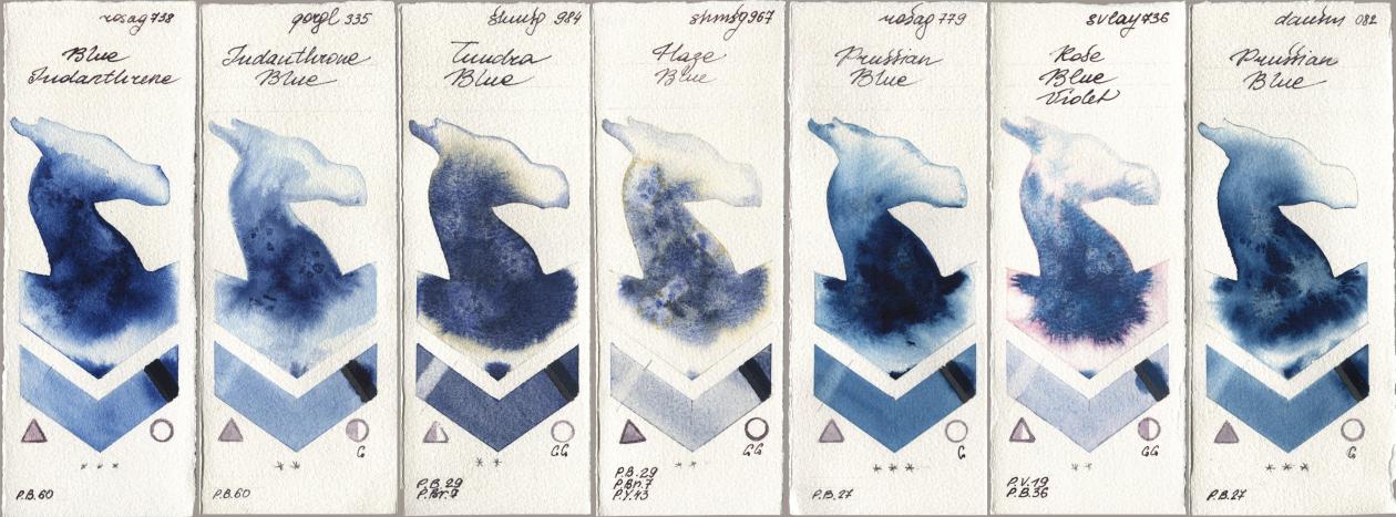 Rosa Gallery 738 Blue Indanthrene, Golden QOR 335 Indanthrone Blue, Shminke Horadam Aquarell 984 Tundra Blue, 967 Haze Blue, 779 Prussian Blue, SuperVision 736 Rose Blue Violet, Daniel Smith 082 Prussian Bl watercolor swatch