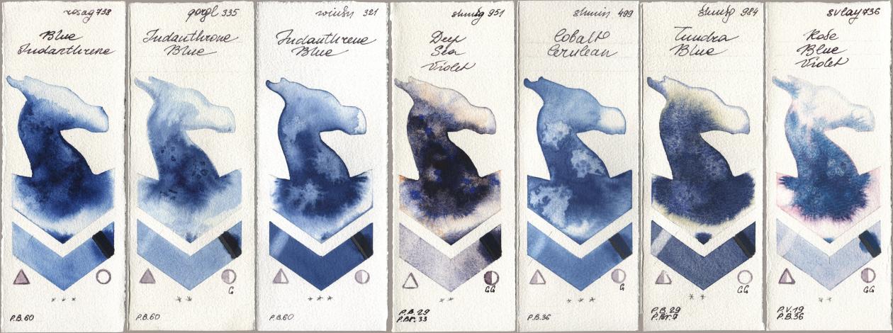 Rosa Gallery 738 Blue Indanthrene, Golden QOR 335 Indanthrone Blue, Winsor & Newton Professional 321 Indanthrene Blue, Shminke Horadam Aquarell 951 Deep Sea Violet, 499 Cobalt Cerulean, 984 Tundra Blue, SuperVision 736 Rose Blue Viol watercolor swatch