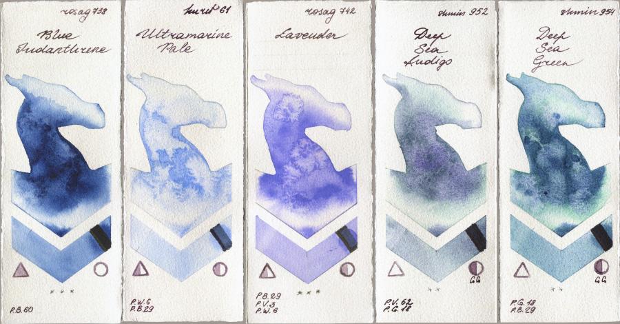 Rosa Gallery 738 Blue Indanthrone vs Kuretake Gansai Tambi 61 Ultramatire Pale vs 742 Lavender vs Shminke Horadam Aquarell 952 Deep Sea Indigo vs 954 Deep Sea Green watercolor swatch