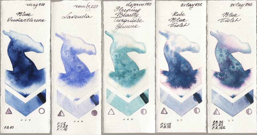 Rosa Gallery 738 Blue Indanthrone vs Roman Szmal Aquarius 227 Lavenda vs Daniel Smith 150 Sleeping Beauty Turquoise Genuine vs SuperVision 736 Rose Blue Violet vs 742 Blue Violet watercolor swatch